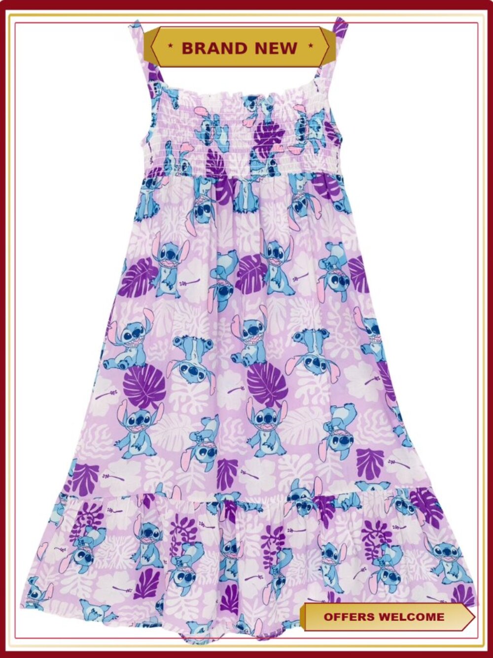 Disney Lilo & Stitch Smocked Maxi Dress Ruffle Hem Sundress